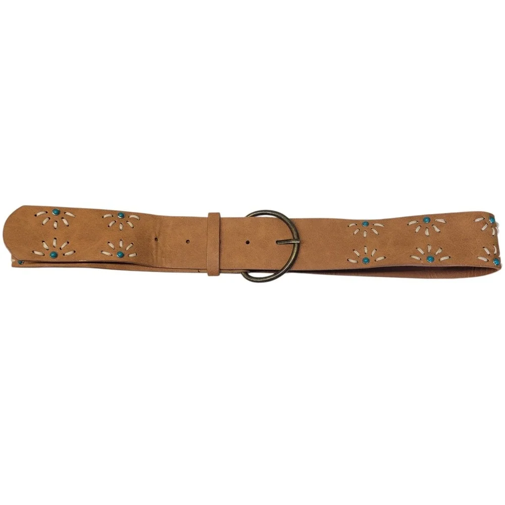 Womens Tan Faux Leather Boho Turquoise Flower beaded Retro Wide Band Belt HG6678
